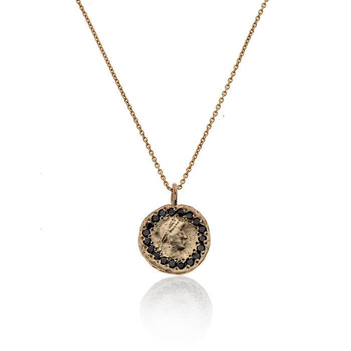 14k GOLD necklace with coin and black diamonds - Goldy jewelry store