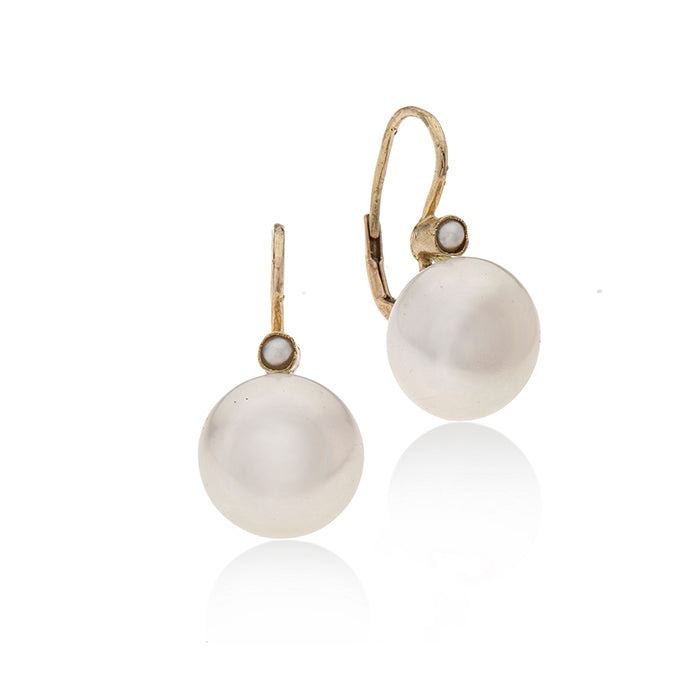 14k GOLD hanging earring with two Pearls-L - Goldy jewelry store