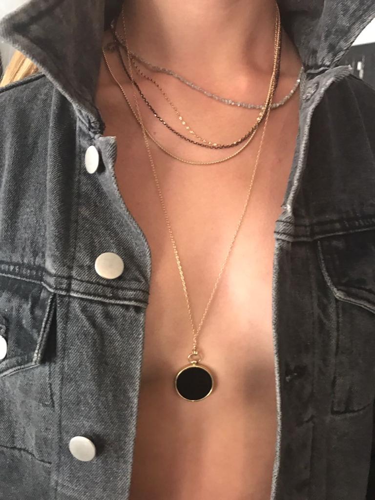 14k GOLD long necklace with big pendant onyx