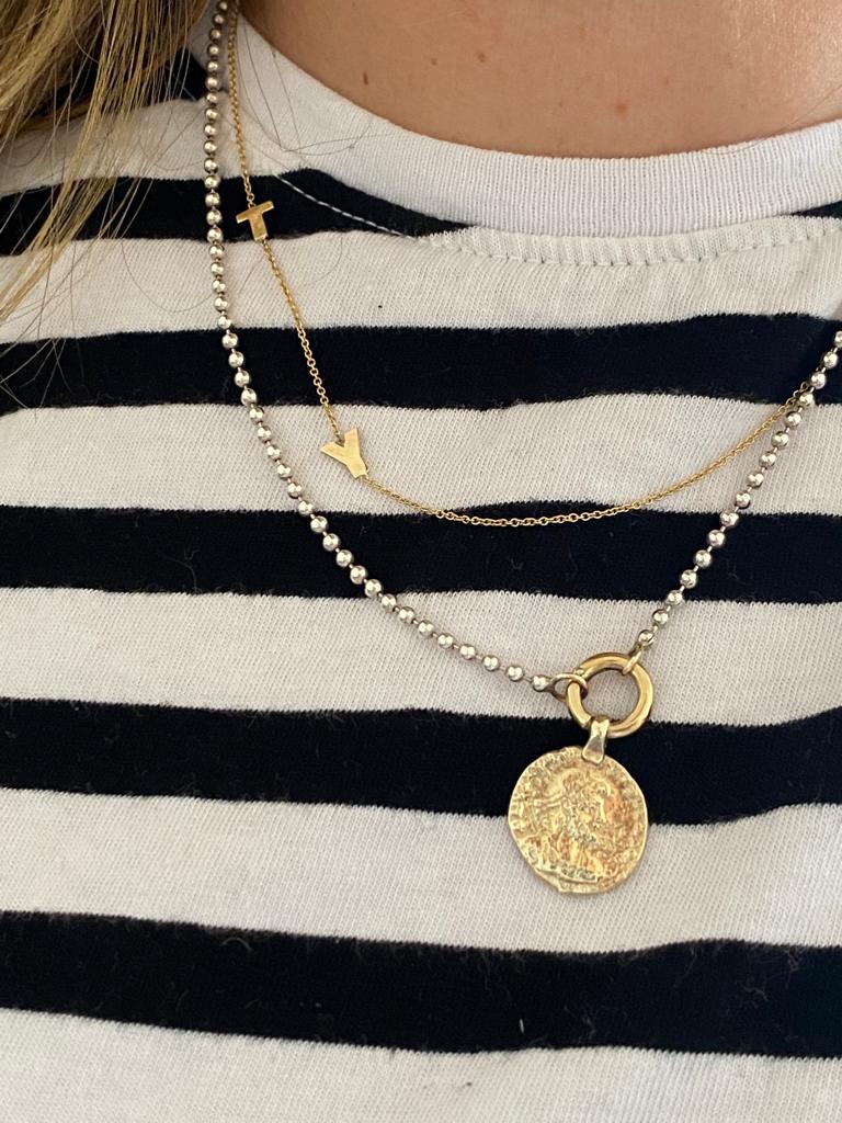 Necklace with silver and 14k gold small coin pendant