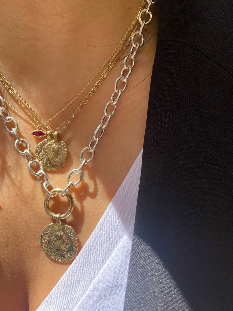 Necklace with silver and 14k gold large coin pendant