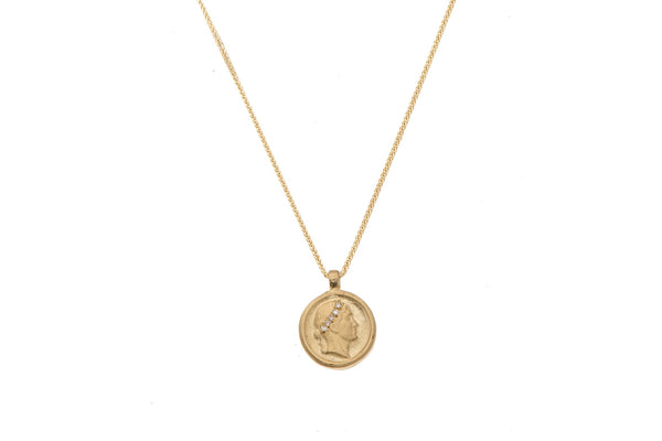 14k GOLD necklace with coin and white diamonds