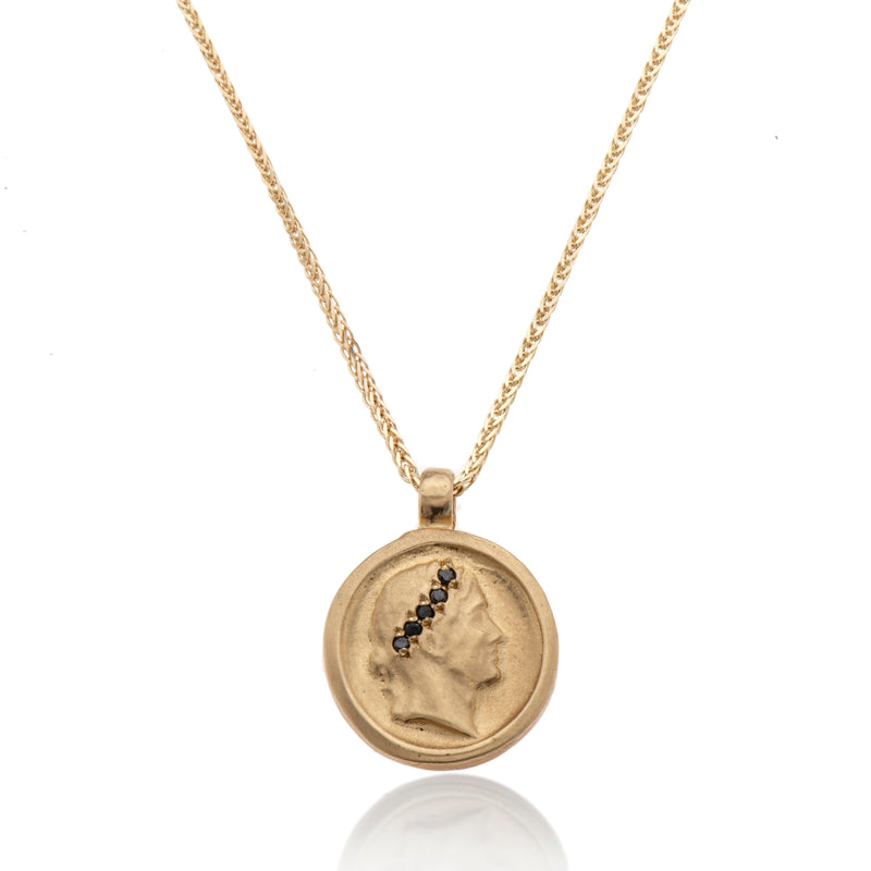 14k GOLD necklace with coin and black diamonds